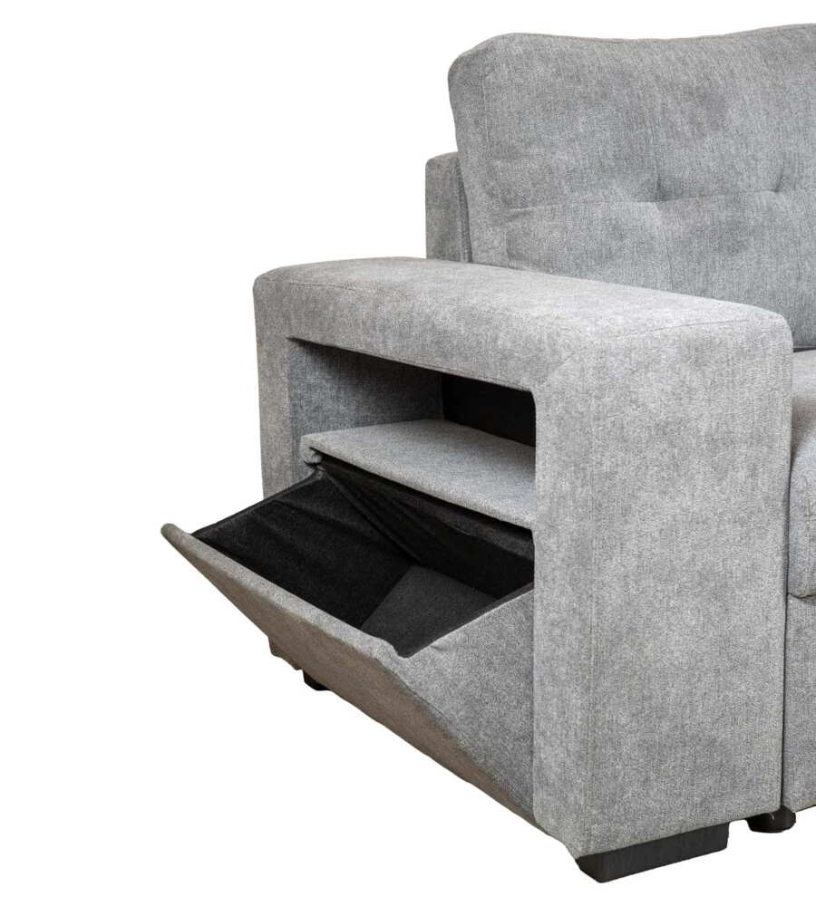 DIVANO LETTO CON PENISOLA A DESTRA BELLAHOME "GAIA" TESSUTO GRIGIO CON POUF E CONTENITORI, 254X83/194X88 CM